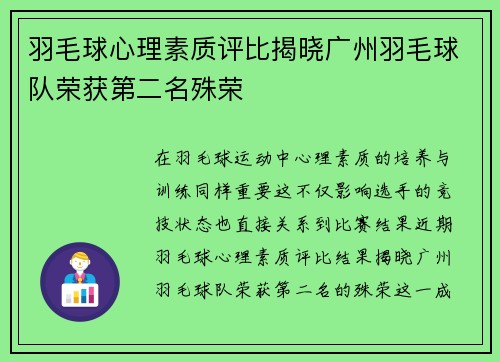 羽毛球心理素质评比揭晓广州羽毛球队荣获第二名殊荣