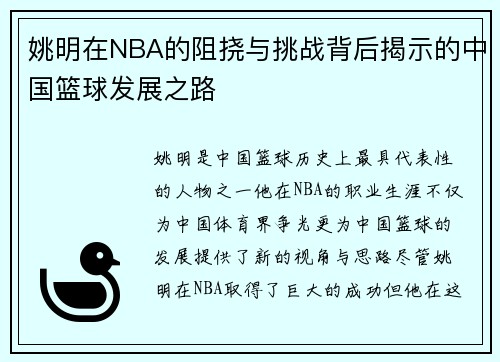 姚明在NBA的阻挠与挑战背后揭示的中国篮球发展之路